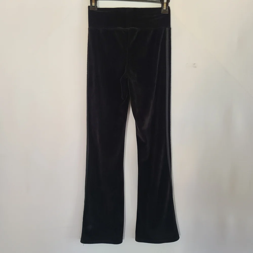 adidas Girls Velour Flare Leggings Black 3-Stripe Slim Fit Split Hem Size L 14